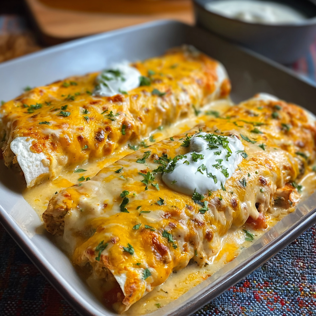 Pan of creamy cheesy chicken enchiladas fresh from the oven