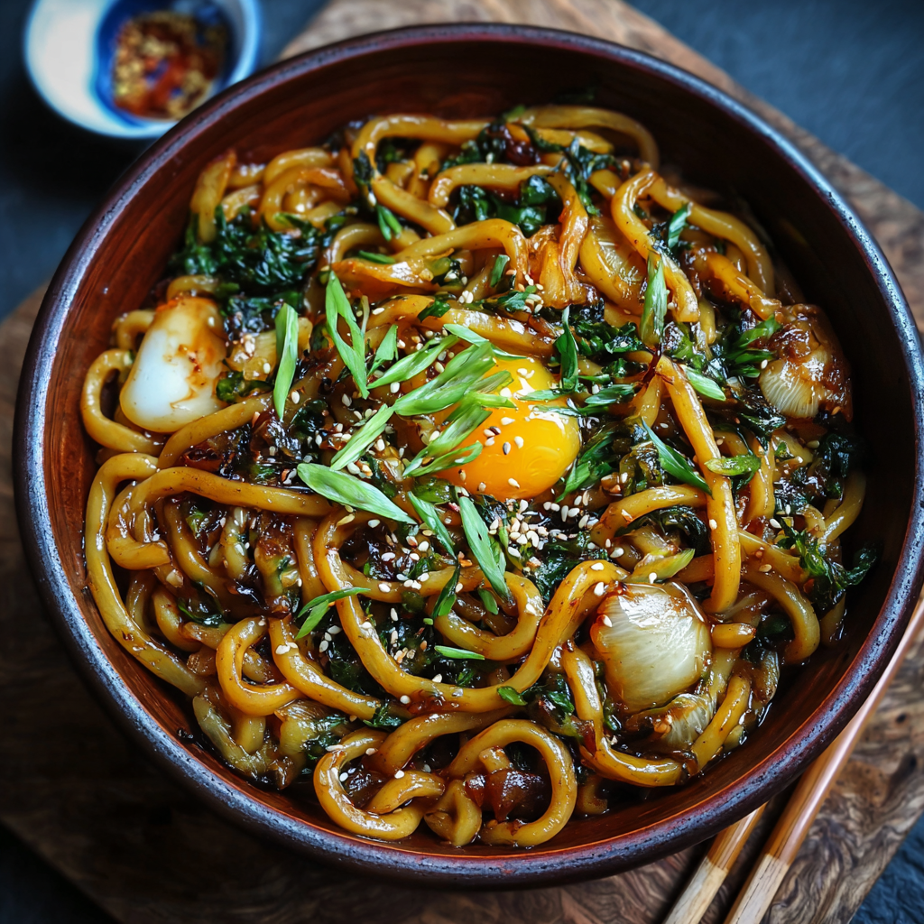 Chicken and vegetable yaki udon in skillet