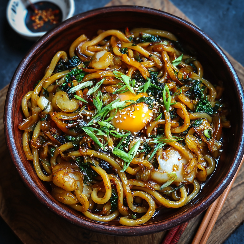 Close up of udon noodles and vegetables
