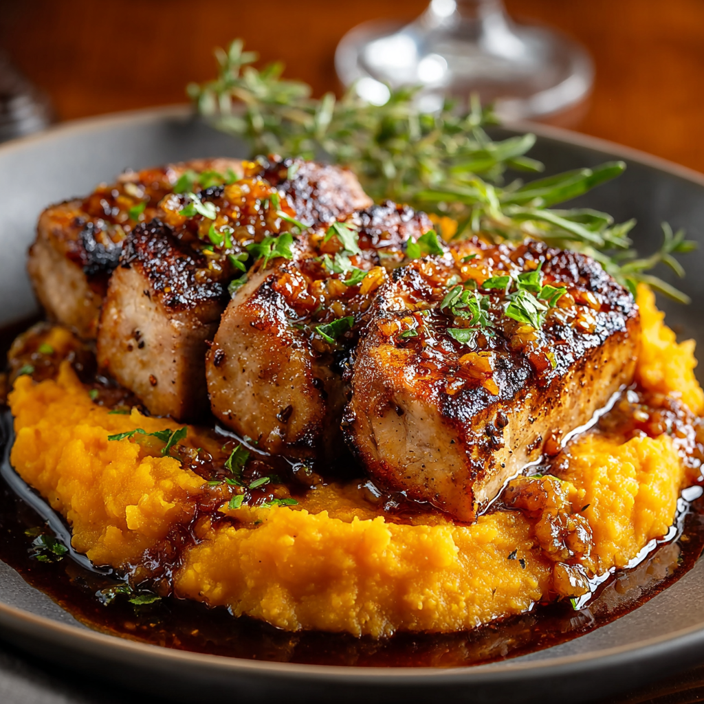 Apple Cider Pork on mashed sweet potatoes