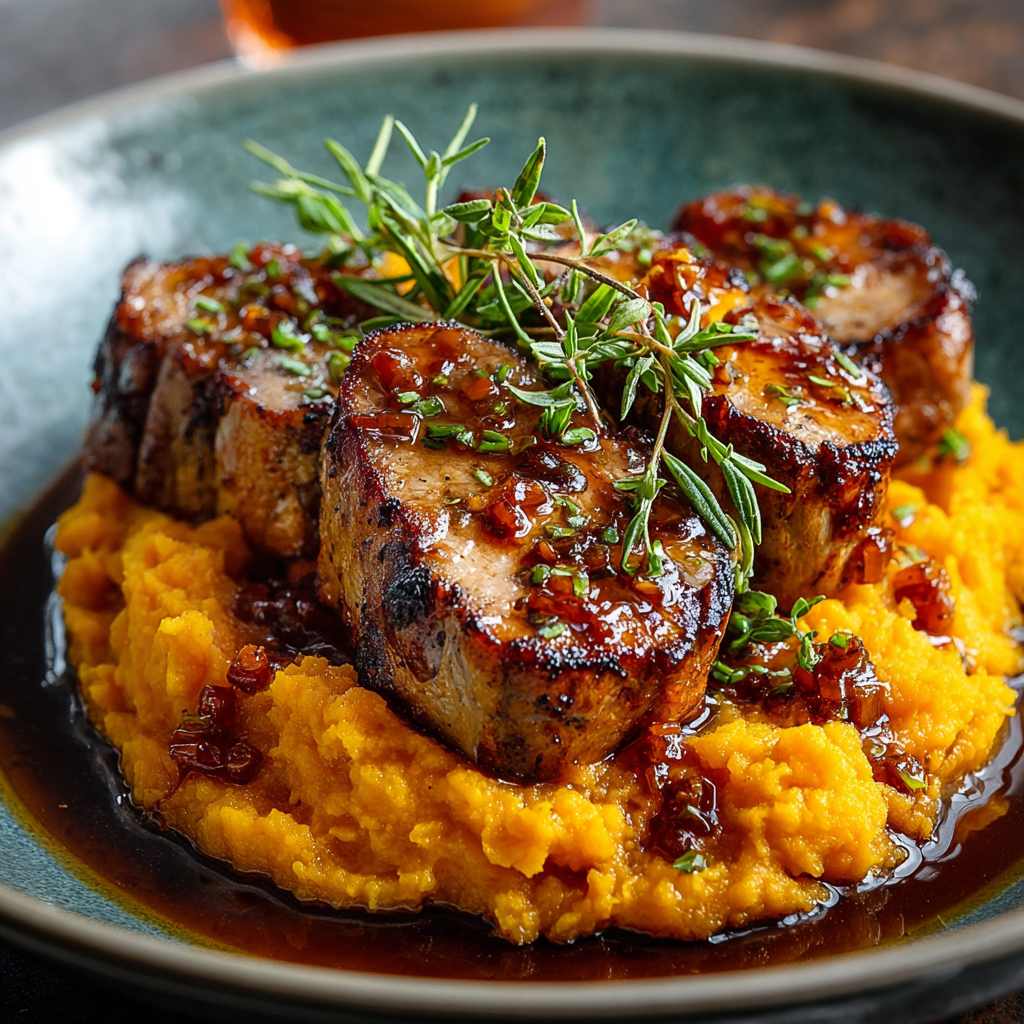 Close up of seared pork medallions