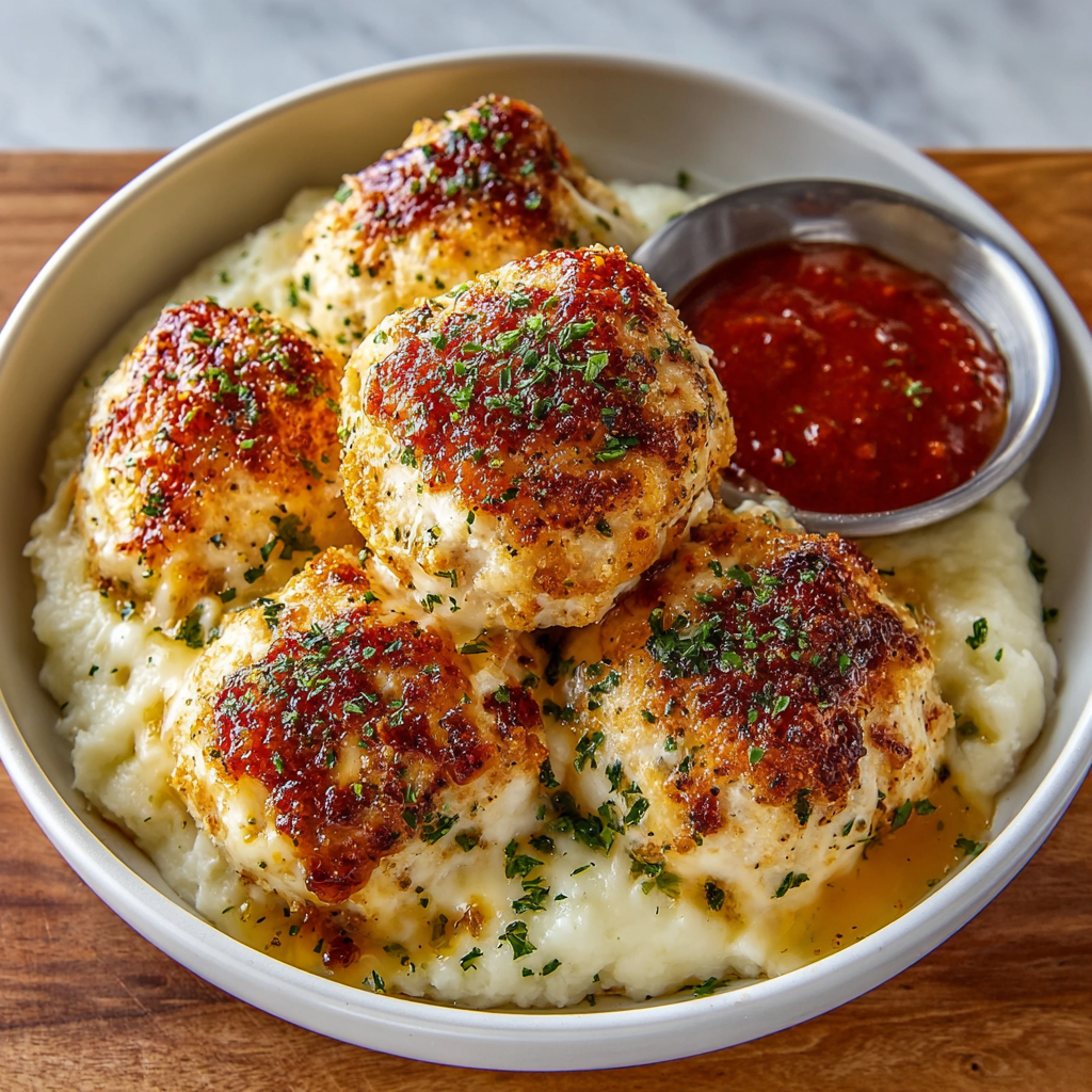 Parmesan Cloud Chicken Bombs on mashed potatoes
