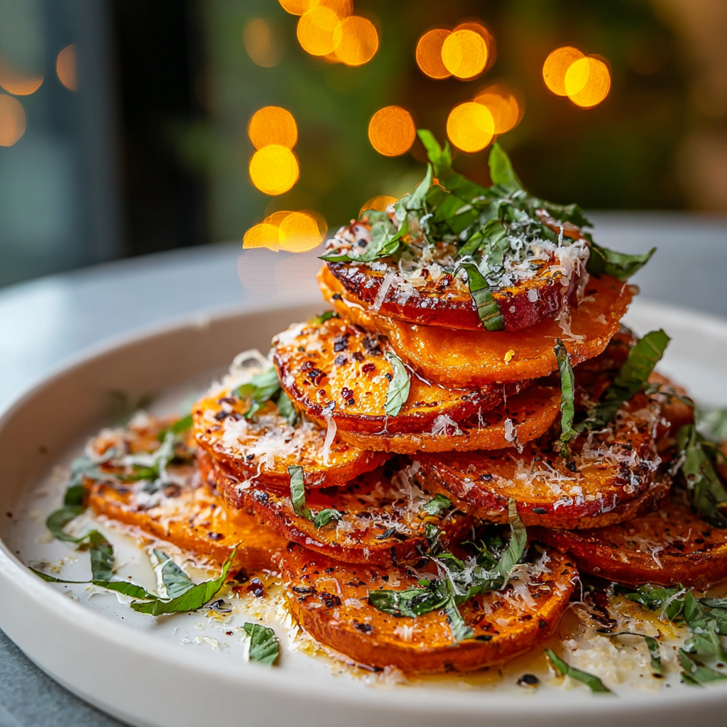 Sweet potato stacks on a baking sheet with melted cheese