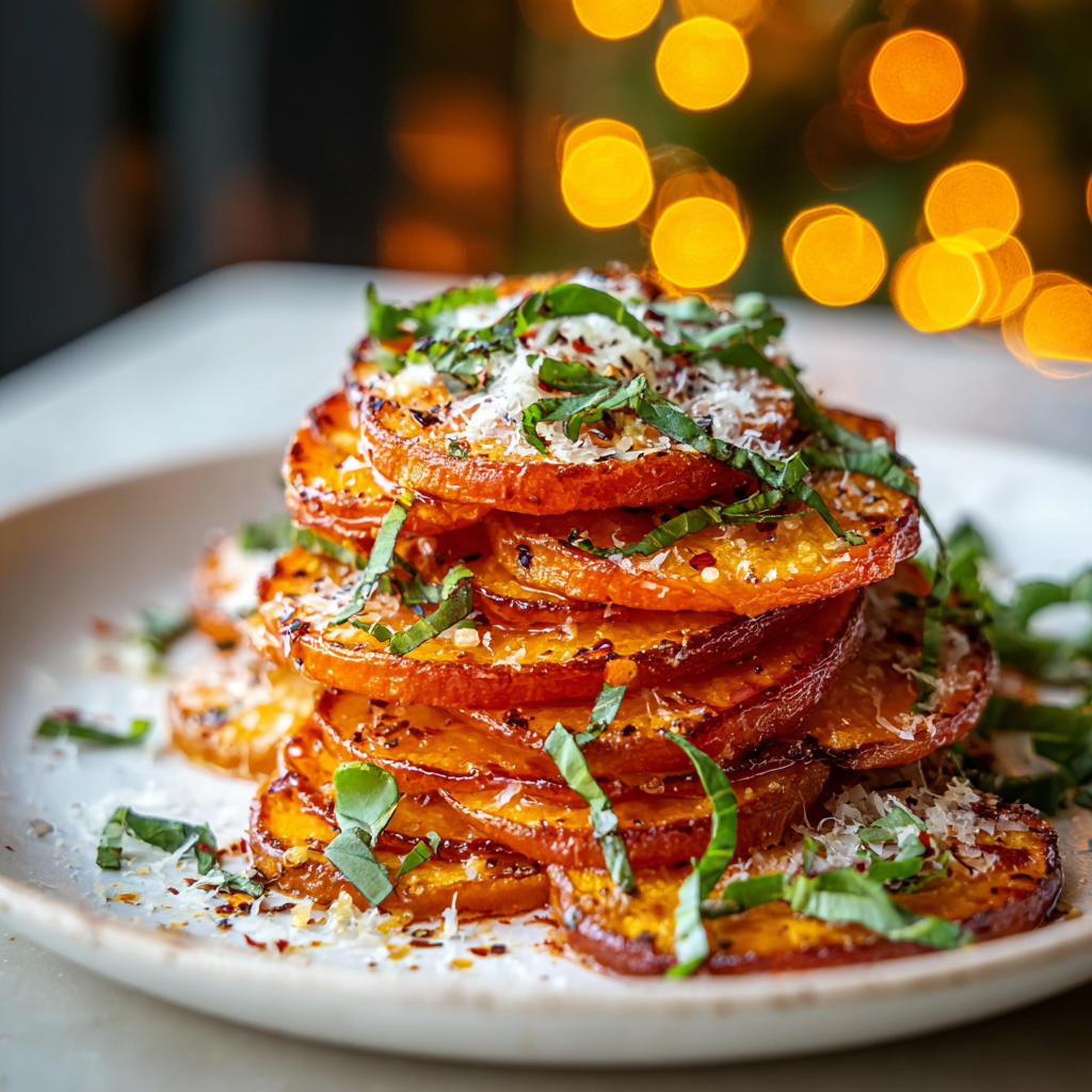 Close-up of a cheesy sweet potato stack garnished with herbs