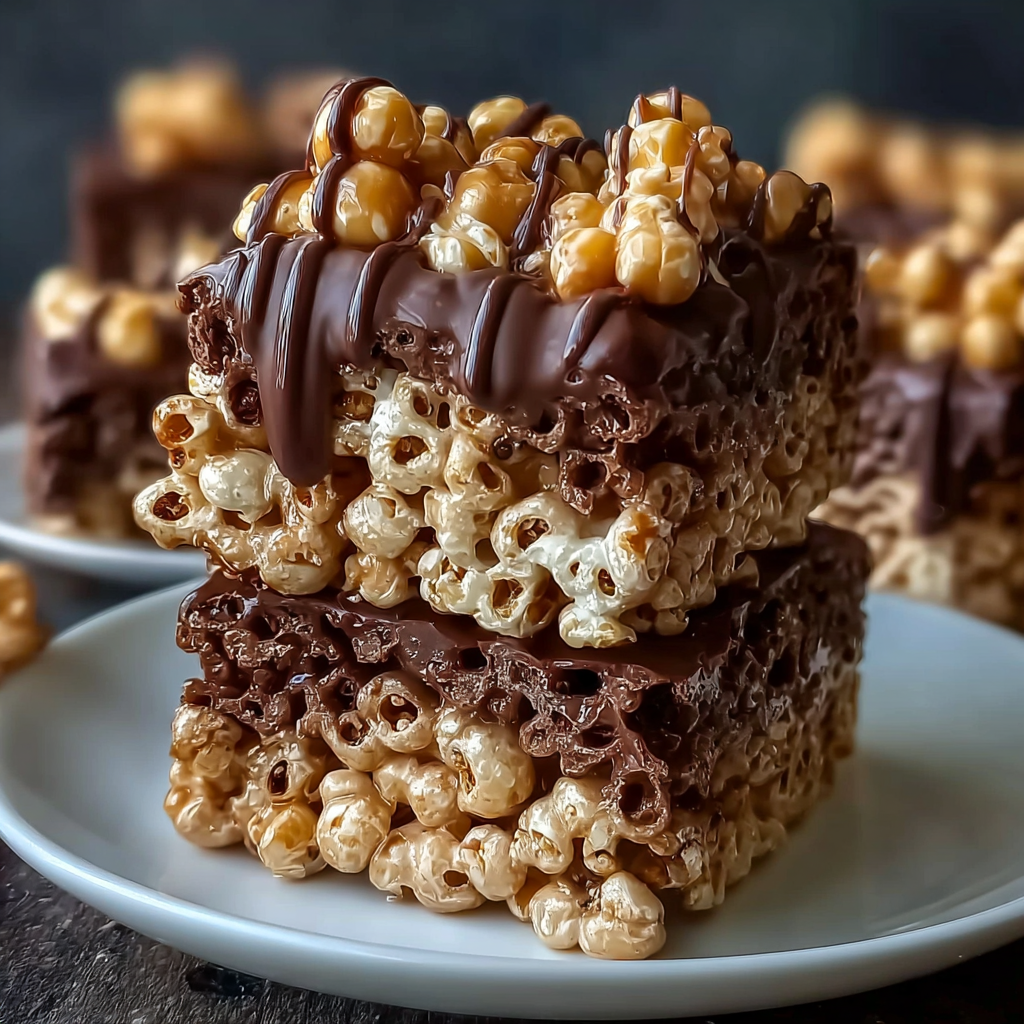 Peanut butter rice krispie treats with chocolate swirl in a pan