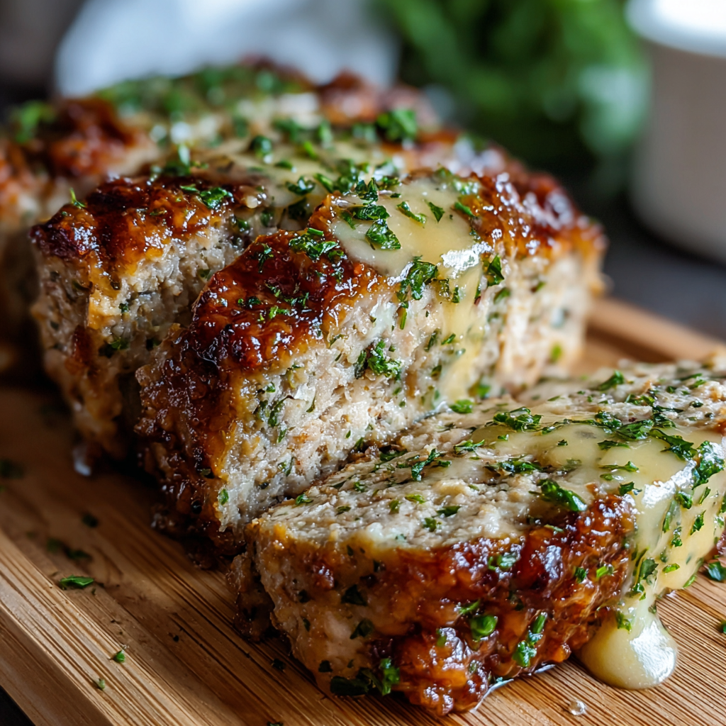 Freshly baked garlic Parmesan chicken loaf on a wooden board