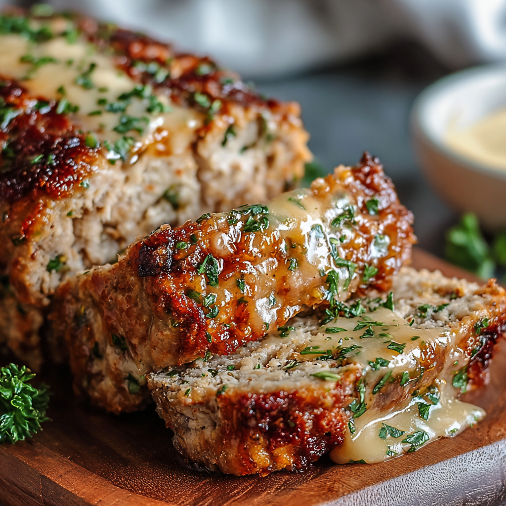 Sliced meatloaf with garnish on a plate