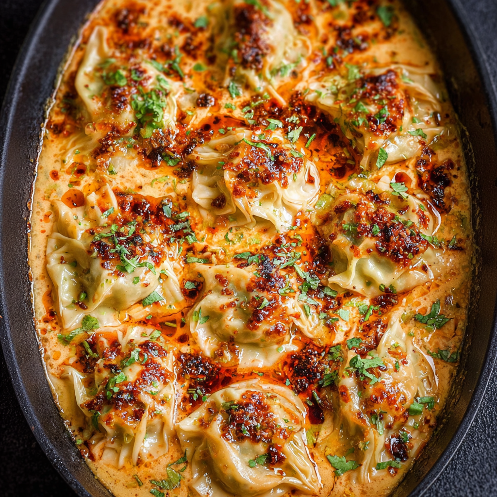 Frozen dumplings baking in coconut red curry sauce