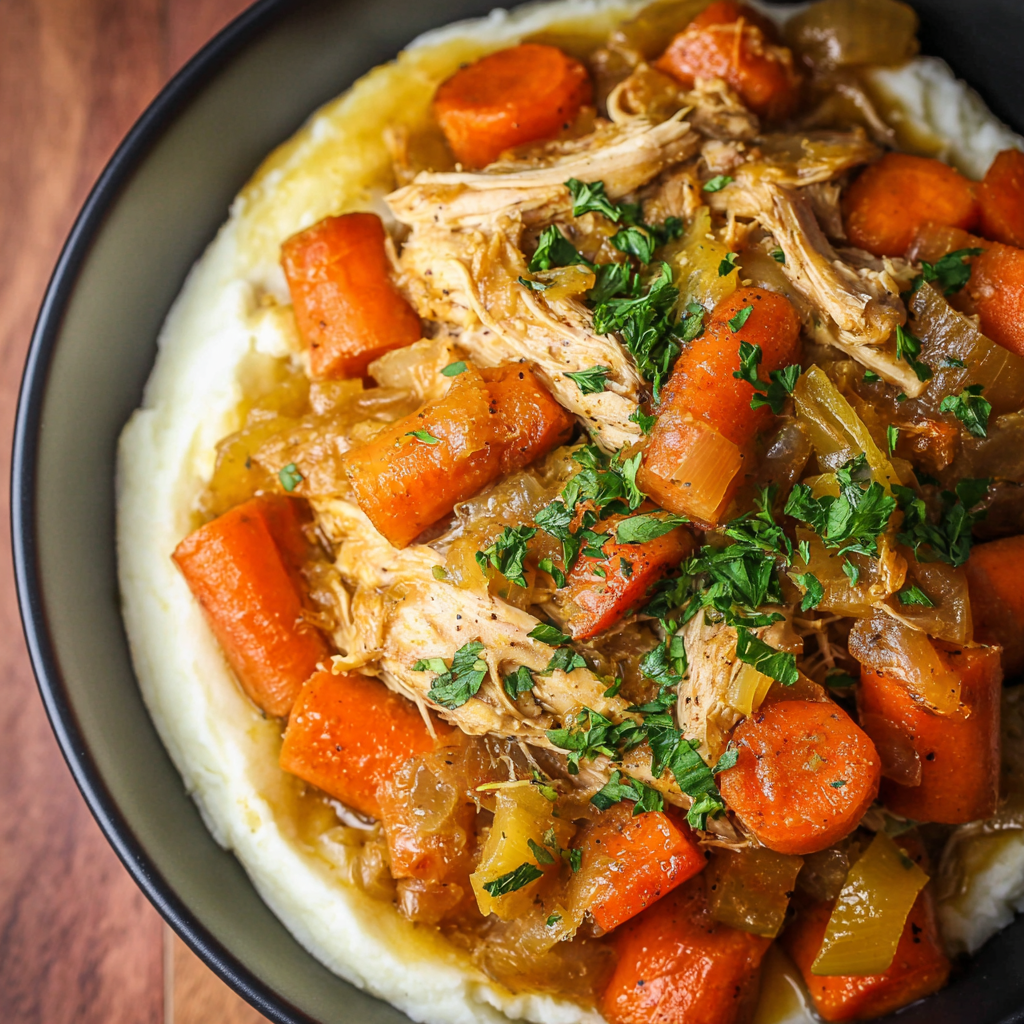 Close-up of chicken and vegetables in sauce