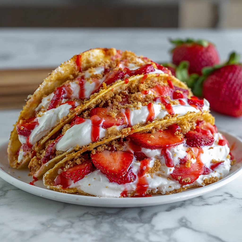 Assembled cheesecake tacos on a platter