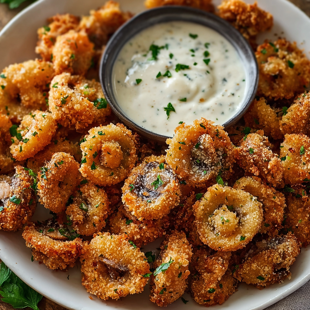 Crispy ranch-breaded mushrooms on a plate