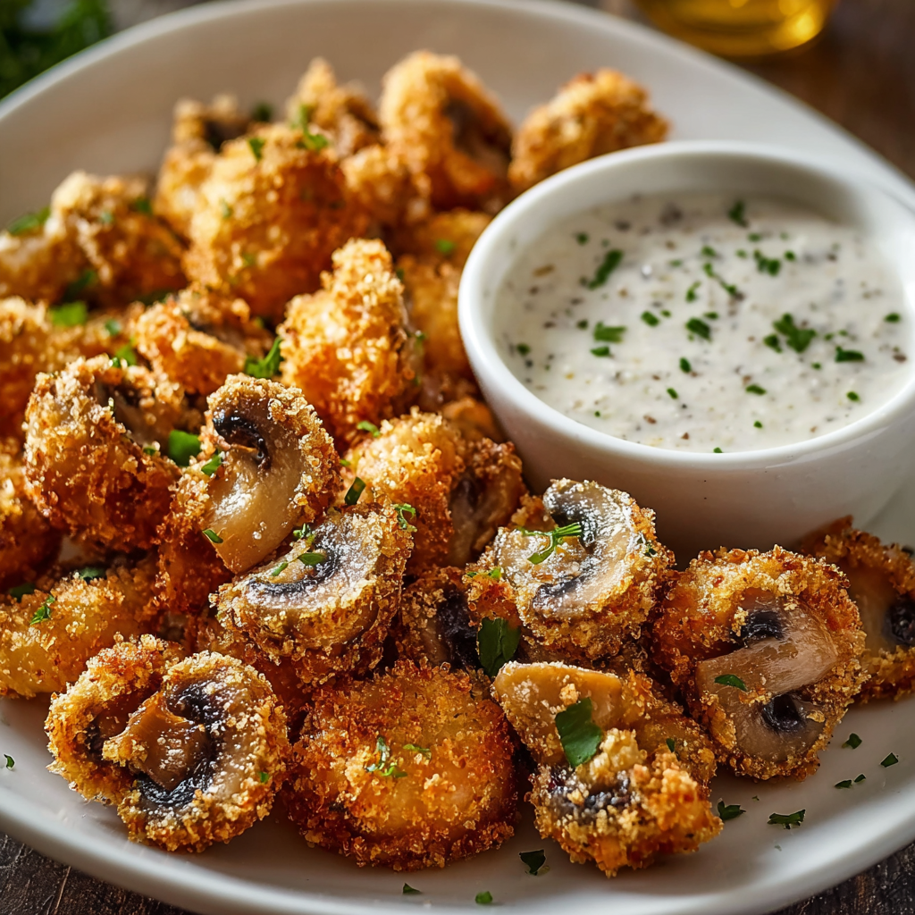 Crispy mushrooms being dipped in aioli