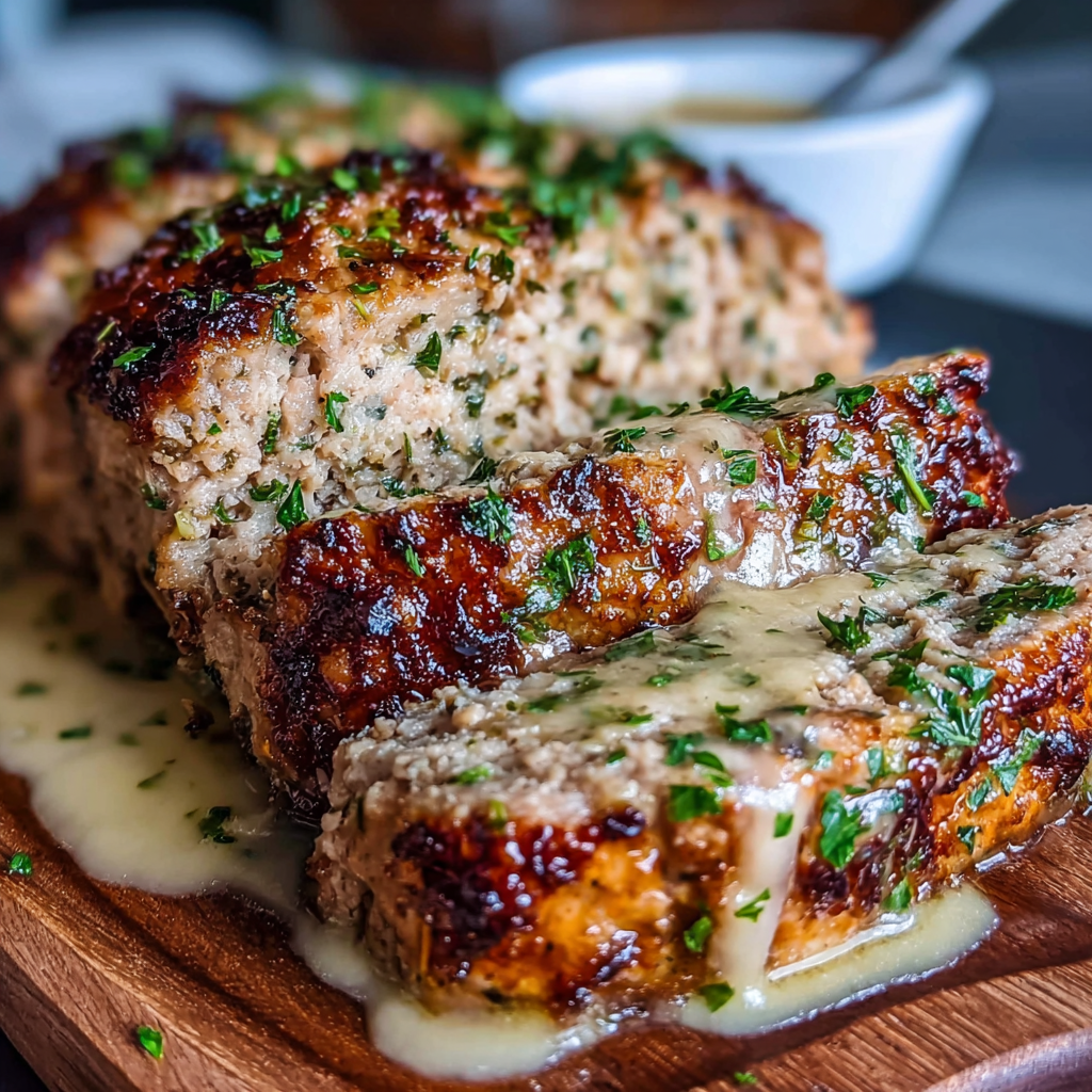 Baked Garlic Parmesan Chicken Meatloaf topped with Parmesan