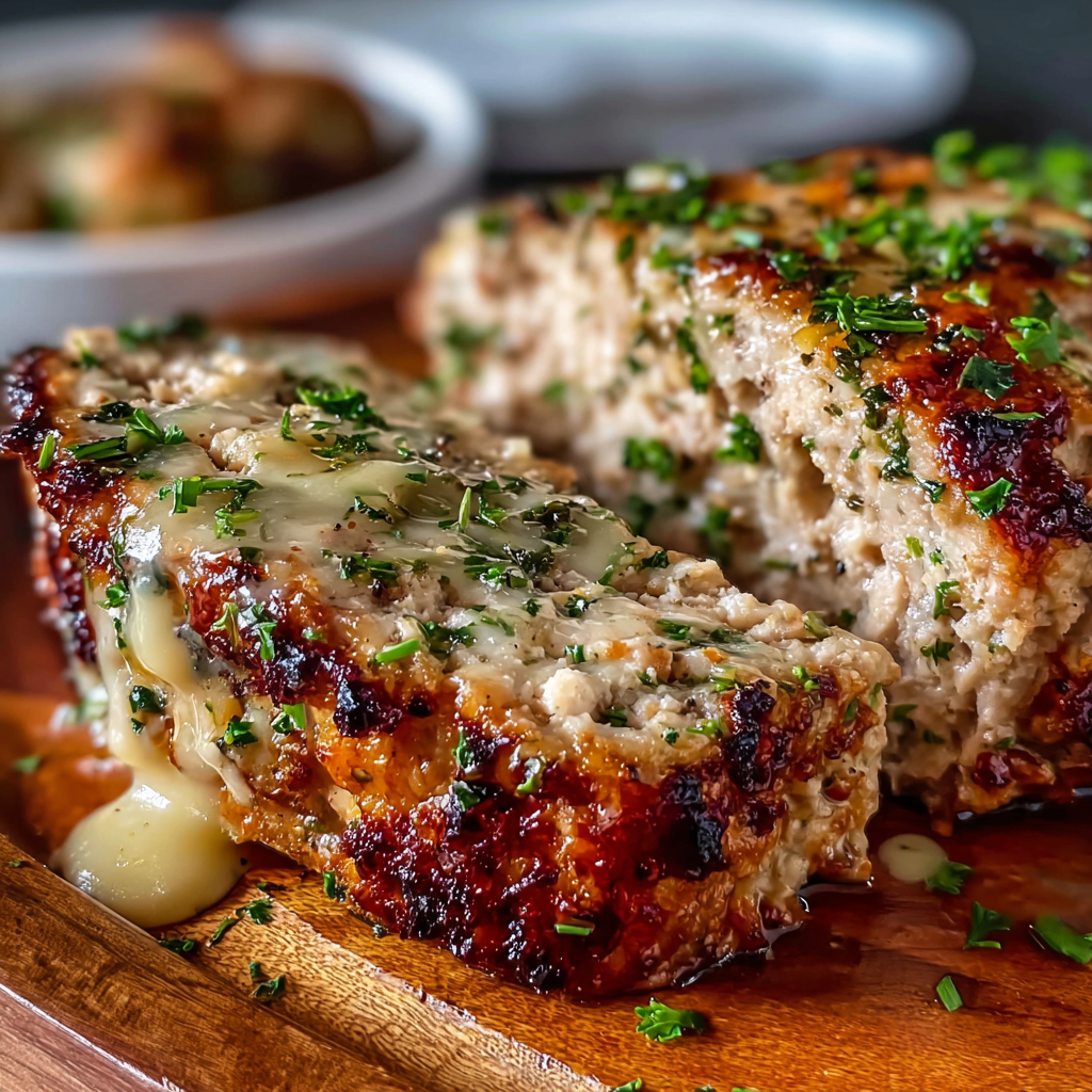 Sliced Garlic Parmesan Chicken Loaf served on plate