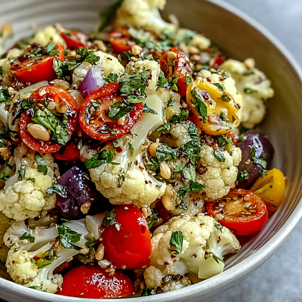 Marinated cauliflower salad in a bowl with tomatoes and olives