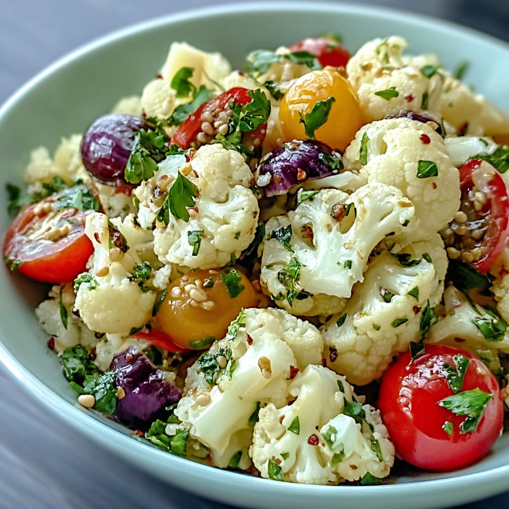 Close up of cauliflower florets and herbs