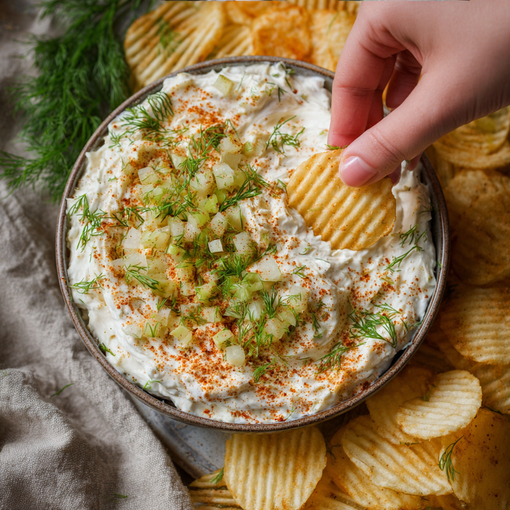 Spoon scooping fried pickle dip from serving bowl with chips