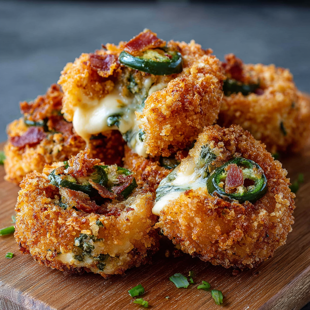 Close-up of a single stuffed onion ring