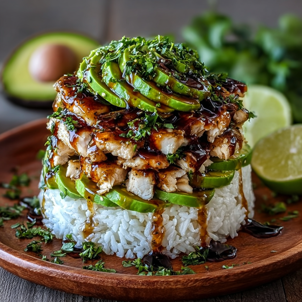 Honey lime chicken on rice with avocado