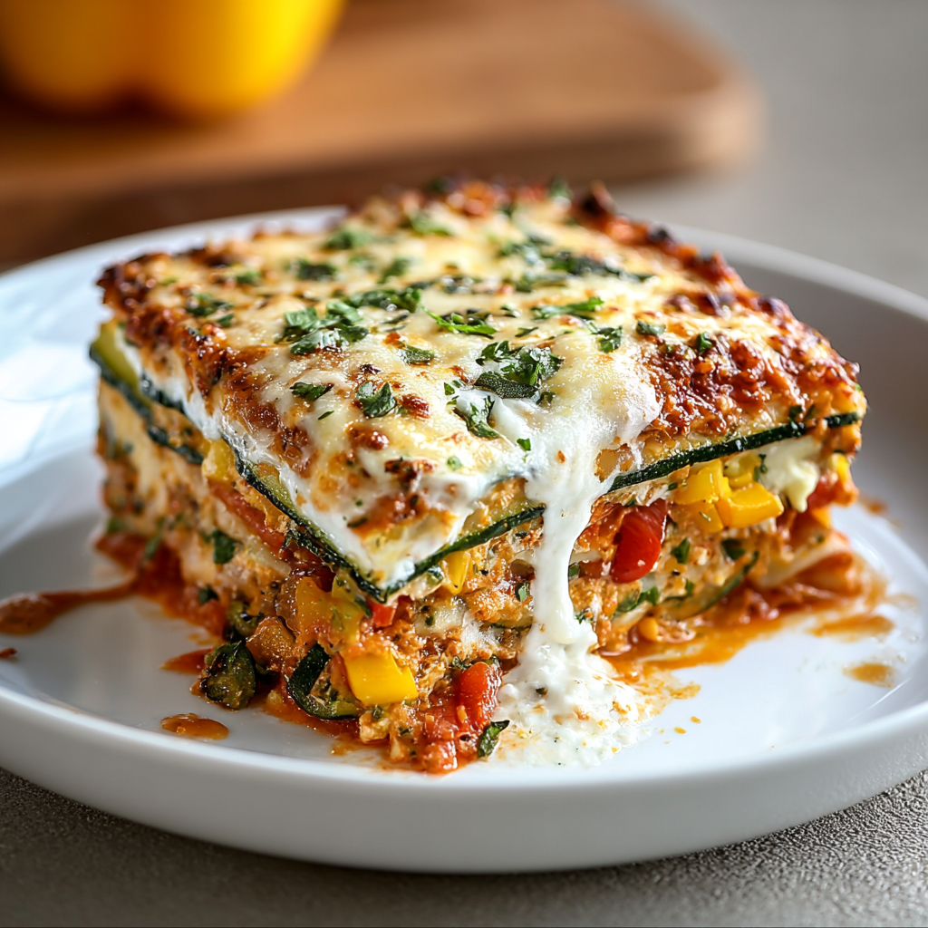 High Protein Veggie Lasagna layered in baking dish