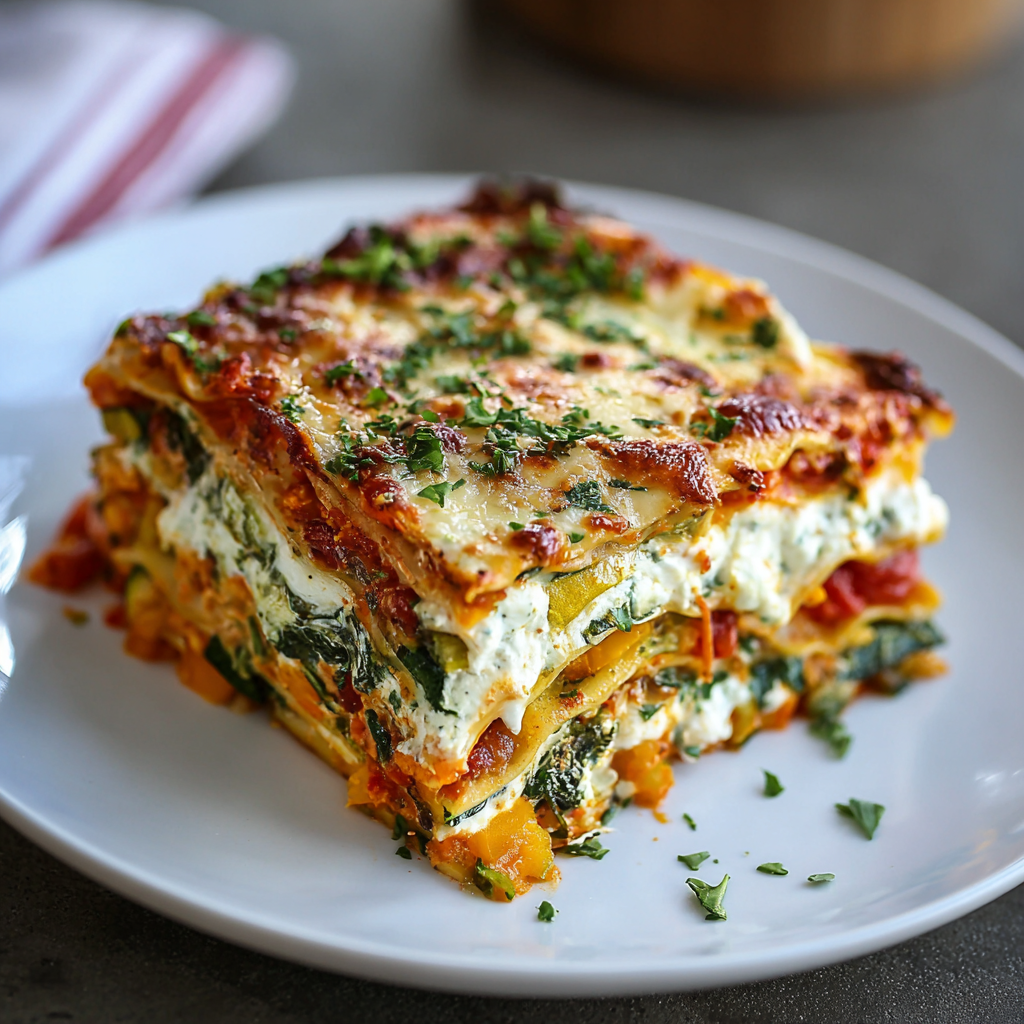 Slice of veggie lasagna on a plate