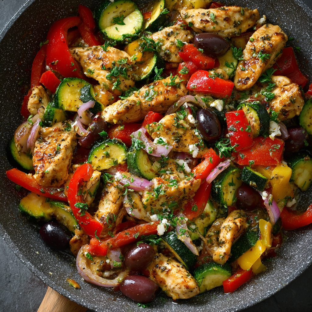 Skillet Mediterranean chicken stir fry with vegetables