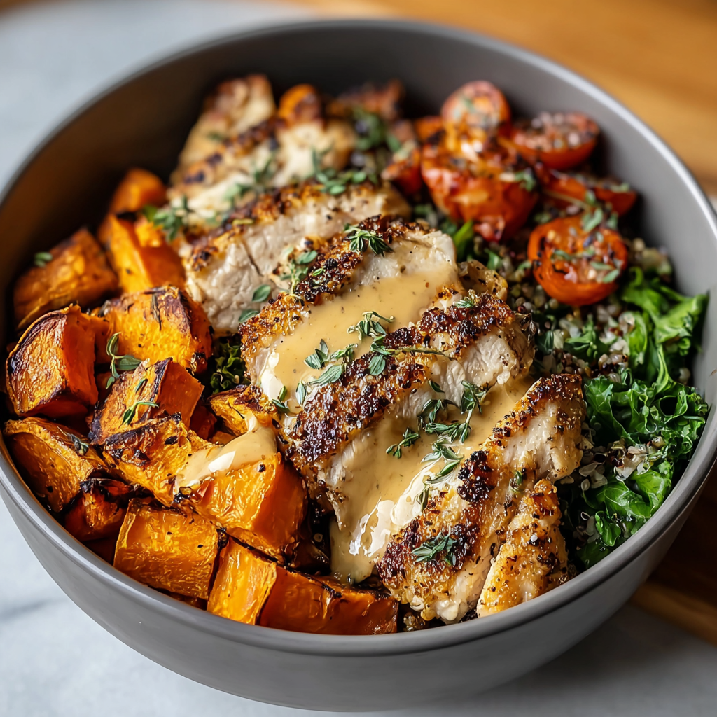 Maple Dijon chicken sliced over quinoa with roasted sweet potatoes