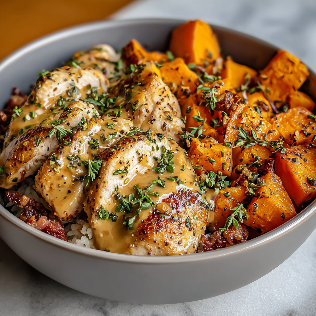 Close up of roasted sweet potatoes and glazed chicken in bowl