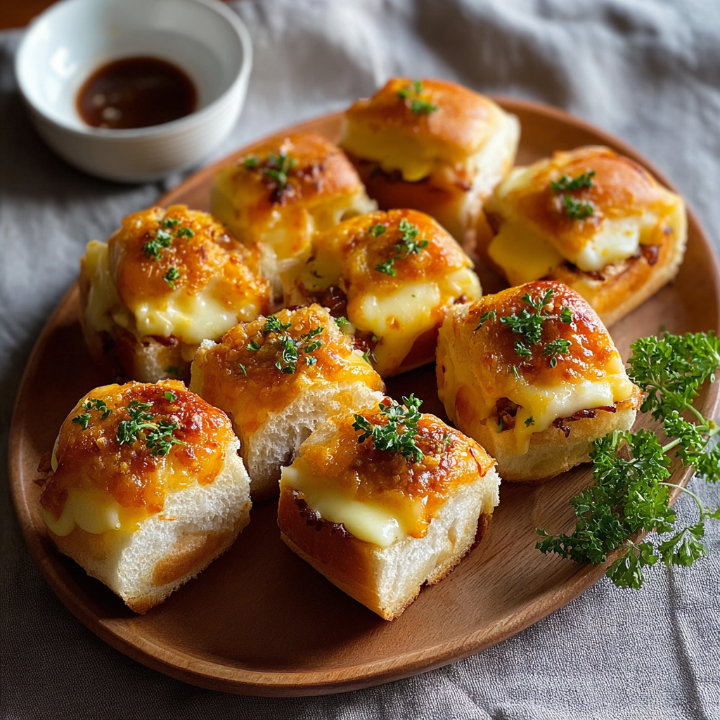 Close-up of gooey cheese pull from a Hawaiian roll
