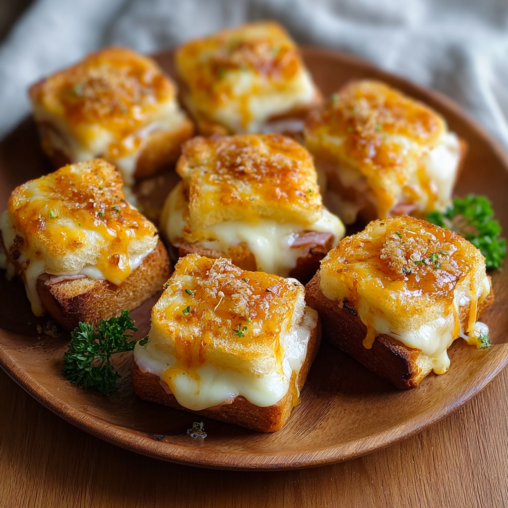 Mini grilled cheese Hawaiian rolls stacked on a tray