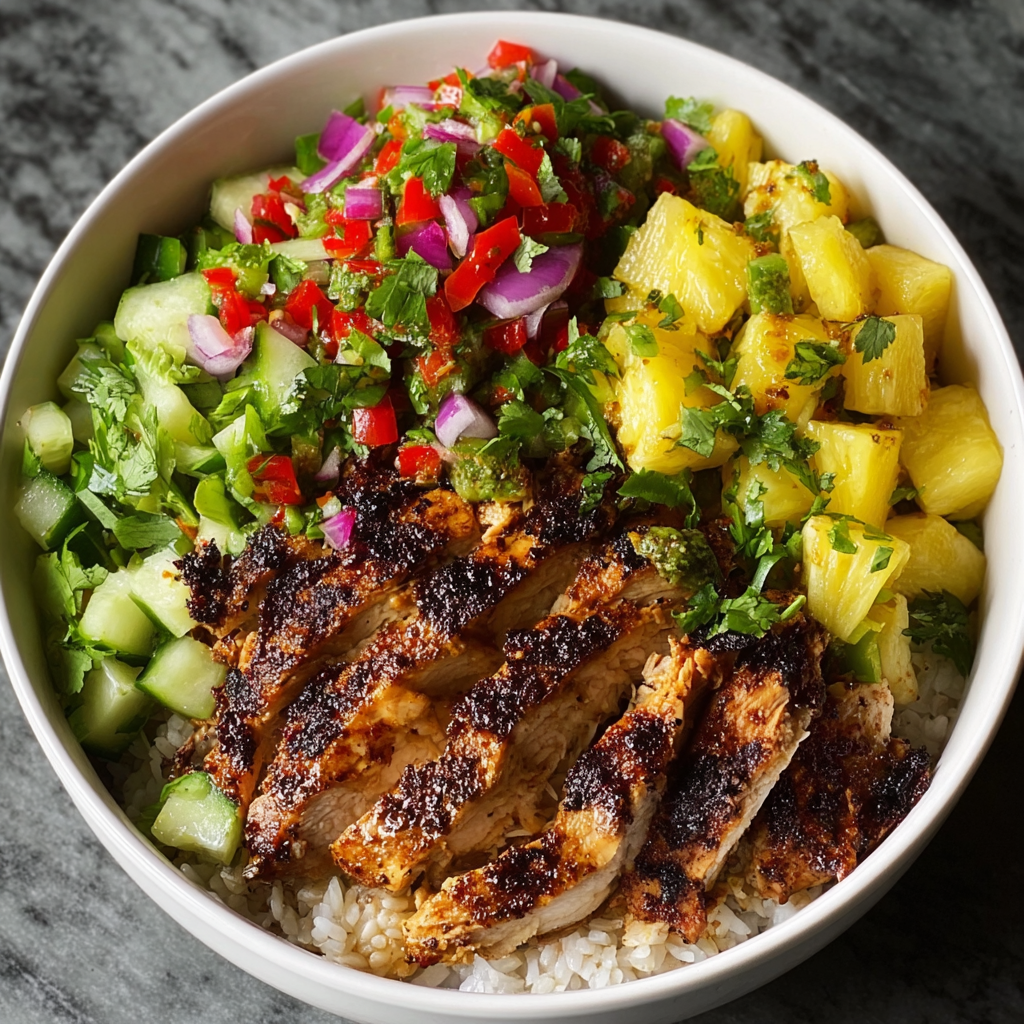 Jerk chicken sliced next to pineapple salsa in a bowl