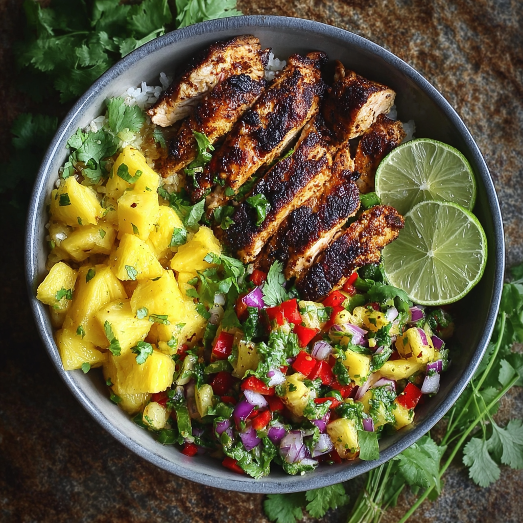 Close-up of pineapple salsa and rice with lime wedge