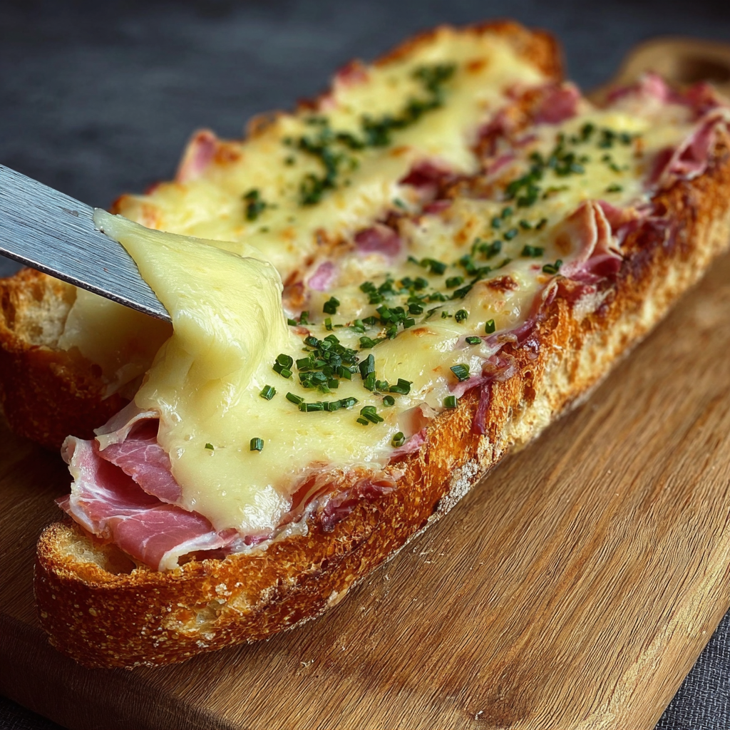 Baguette gratinée sortie du four, fromage fondant