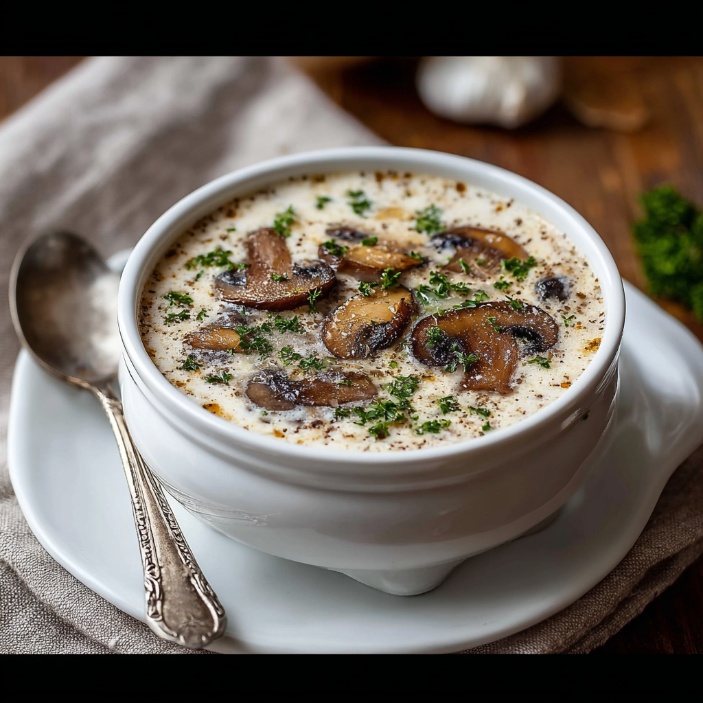 Bowl of creamy cottage cheese mushroom soup with parsley garnish