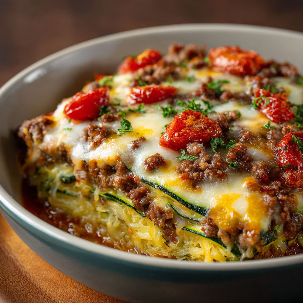 Cheesy top of zucchini casserole close-up