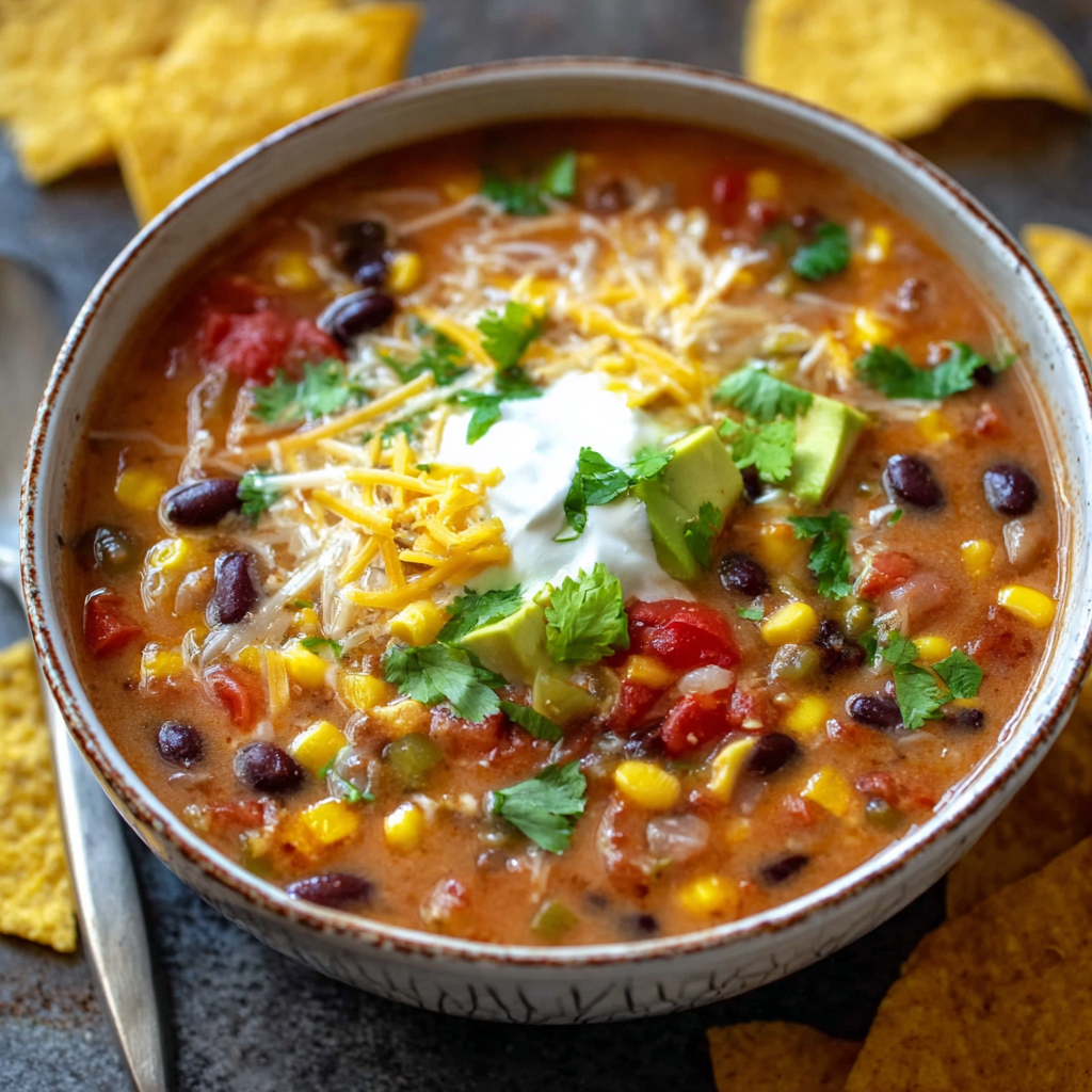 Vegetarian tortilla soup in a bowl with toppings