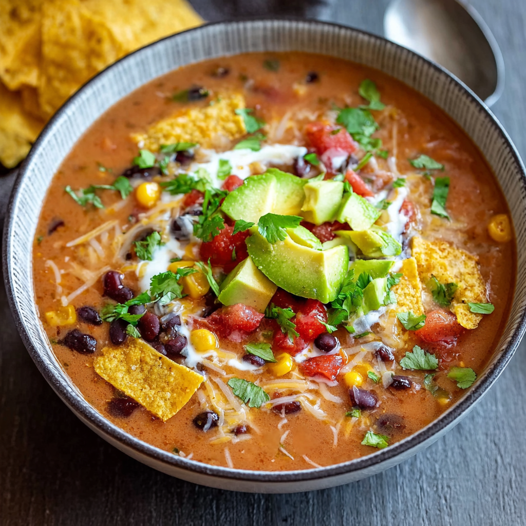 Close-up of soup with cilantro and avocado