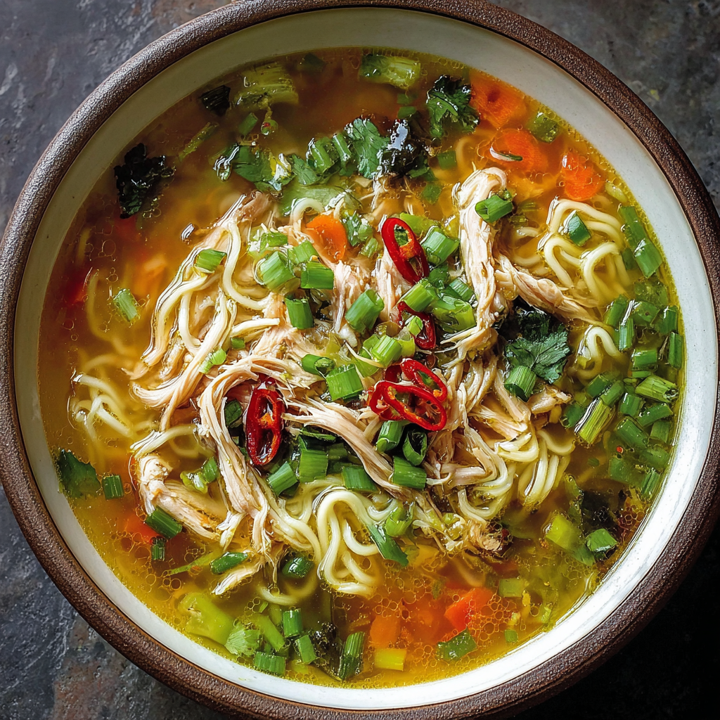 A steaming bowl of ginger garlic chicken noodle soup with herbs