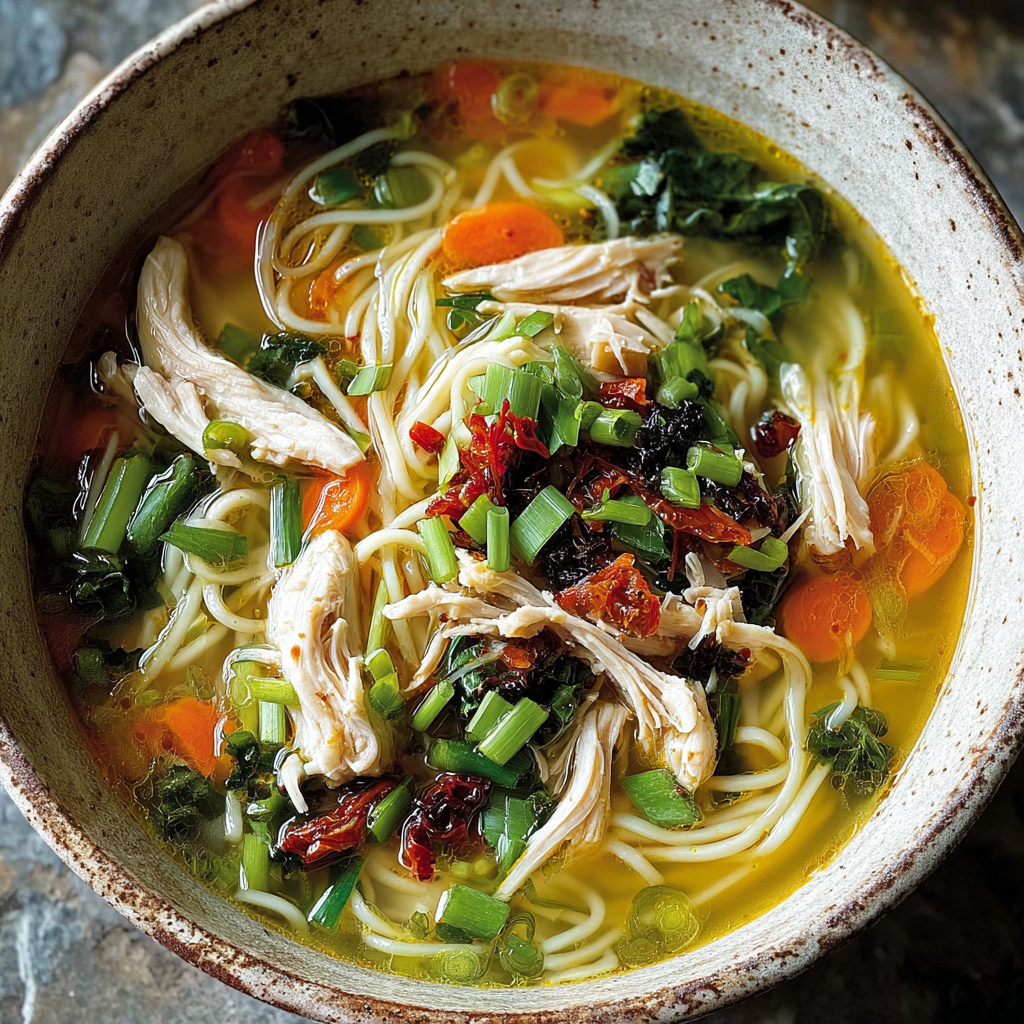 Ingredients prepared for ginger garlic chicken noodle soup displayed on a counter