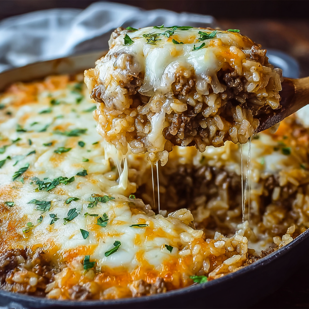 Finished French Onion Ground Beef and Rice Casserole fresh from oven
