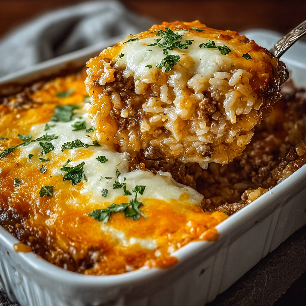 Close up of casserole showing melted cheese and crunchy topping
