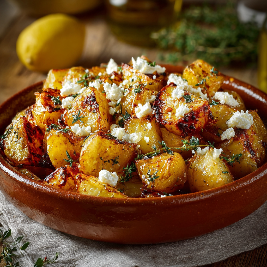 Baked feta potatoes with lemon on a serving plate