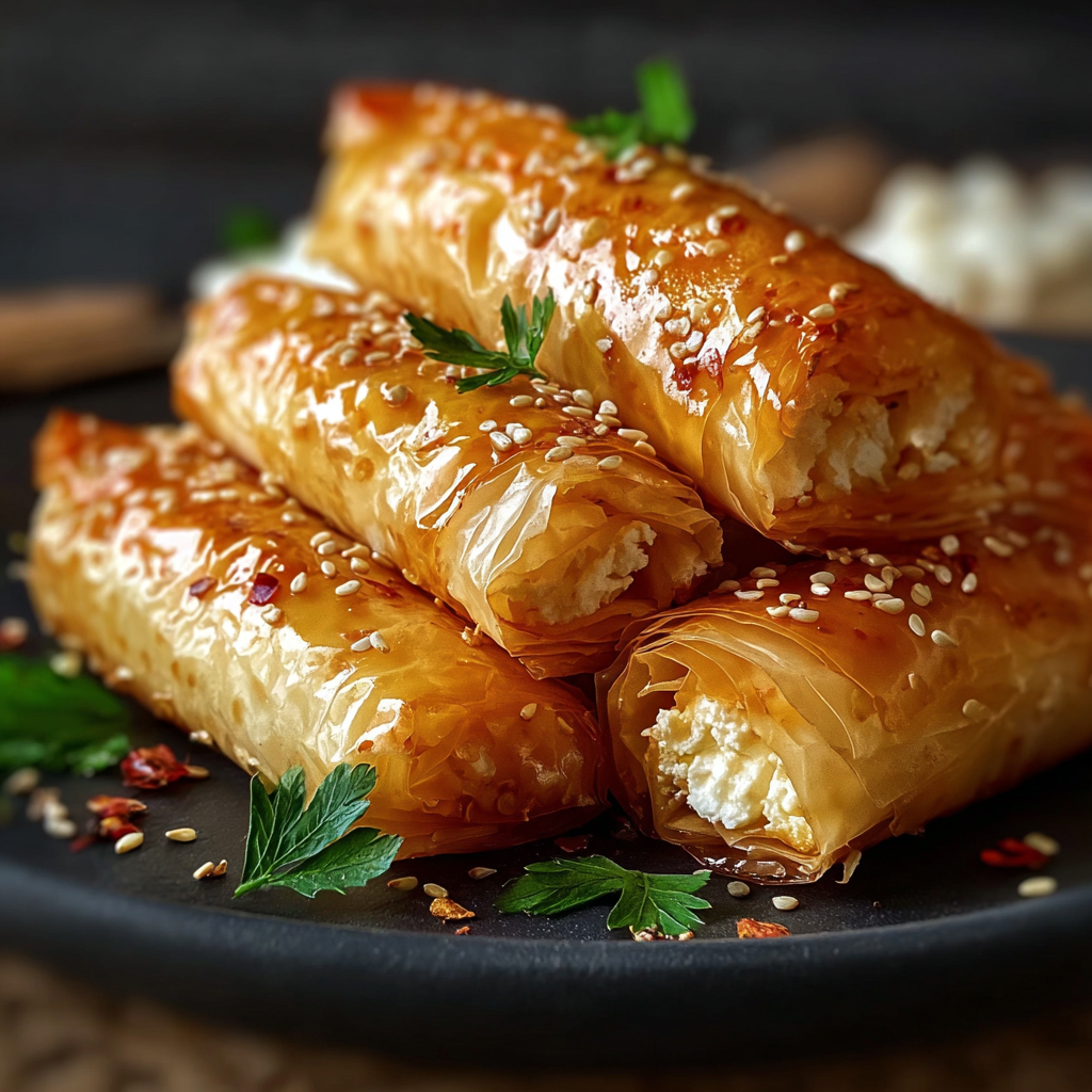 Oven-fried feta rolls on parchment with chili honey