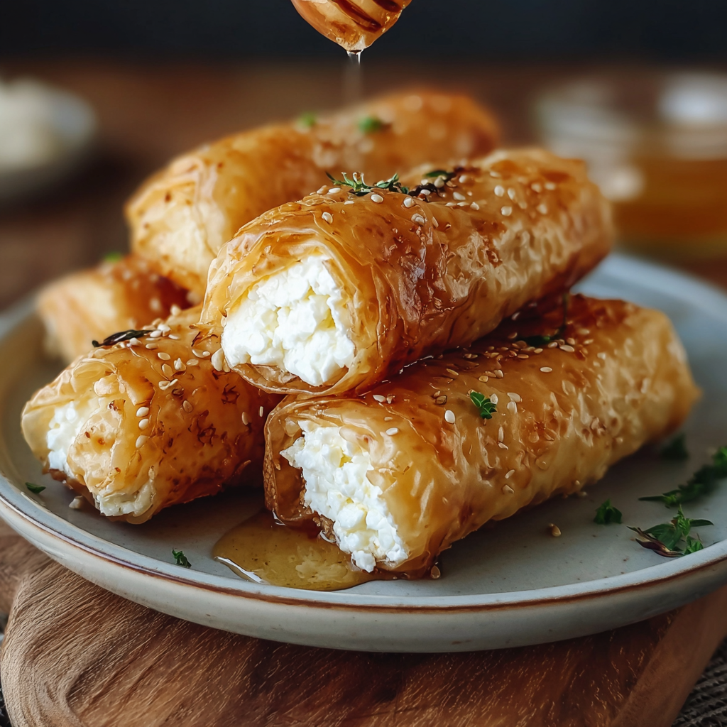 Close-up of crispy feta rolls with honey drizzle