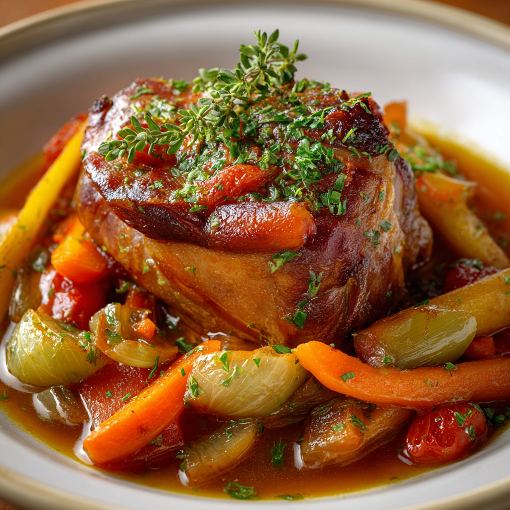 Jarret de porc braisé dans une cocotte