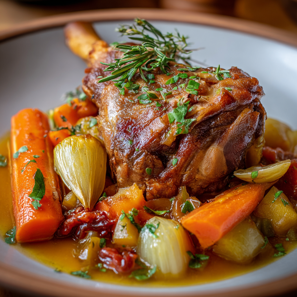 Assiette de jarret braisé avec légumes