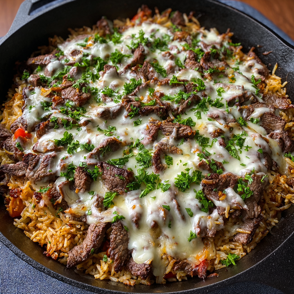 Steak cheese and rice skillet in a pan with melted cheese