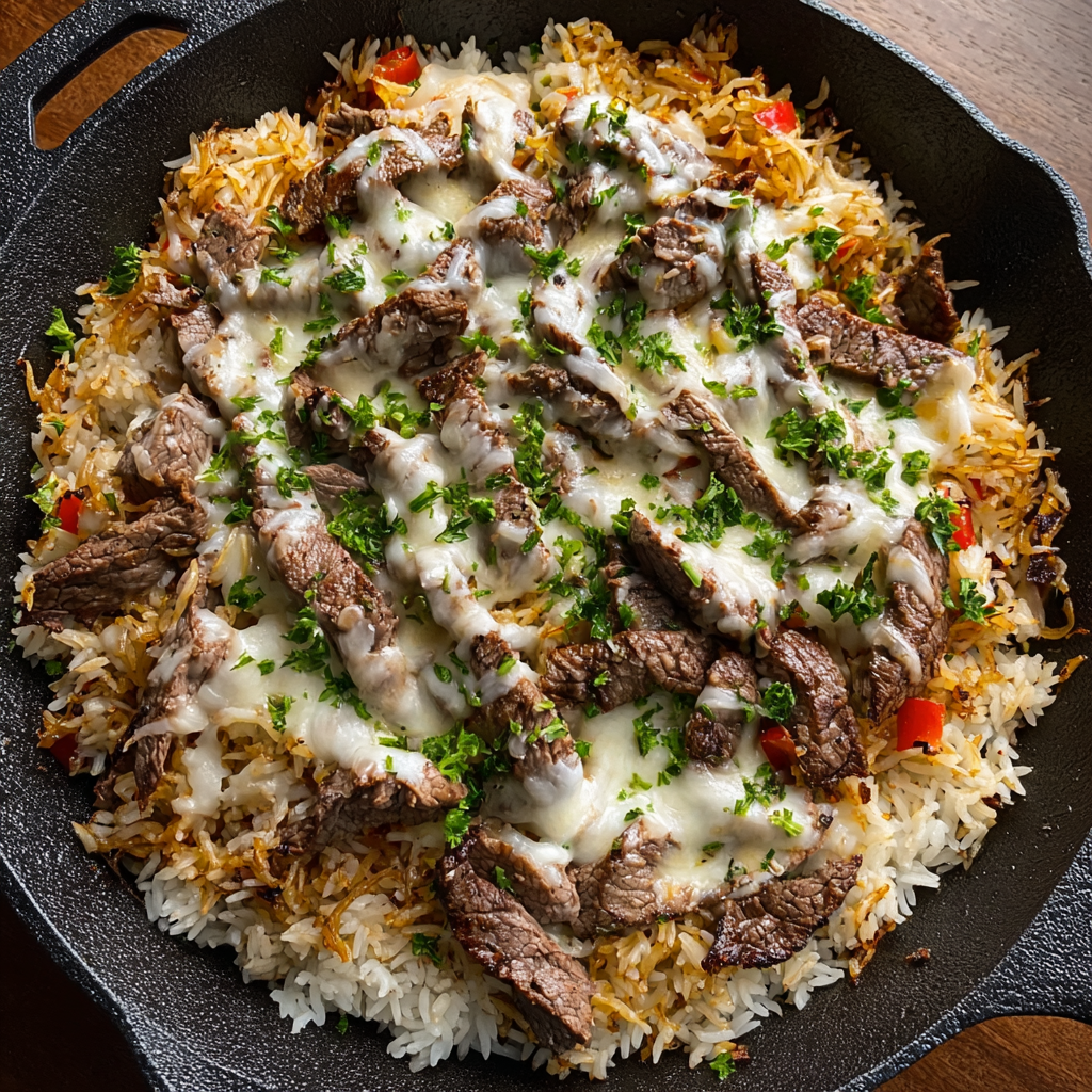 Close up of savory skillet with rice and melted cheese