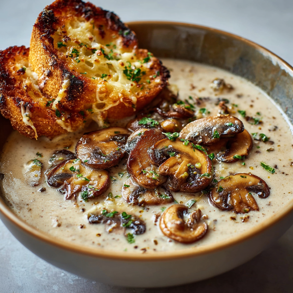 Soupe de champignons dans un bol avec tartines gratinées