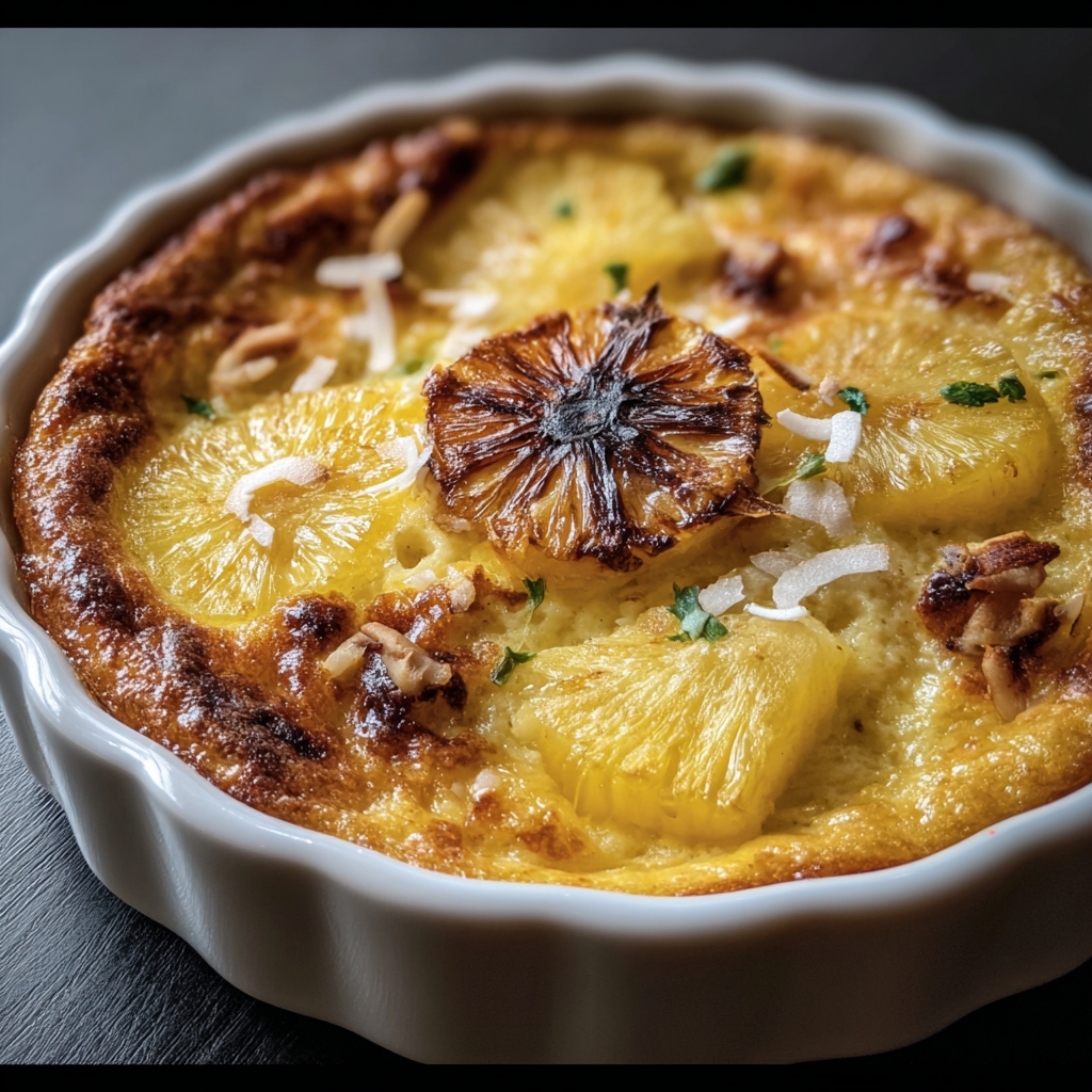 Clafoutis à l'ananas et noix de coco — sortie du four